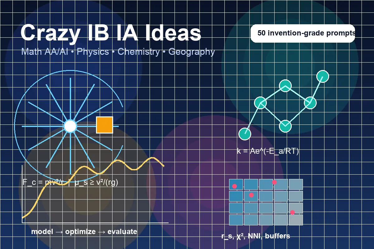 Blueprint-style IB IA idea board with formulas, graphs and experimental diagrams