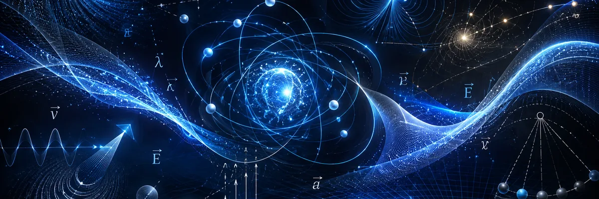 Abstract blue physics field lines, vectors, waves and atomic orbit paths