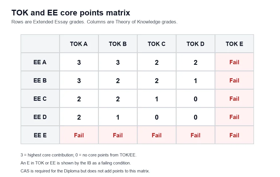 Diagramme des points du tronc commun TOK et mémoire